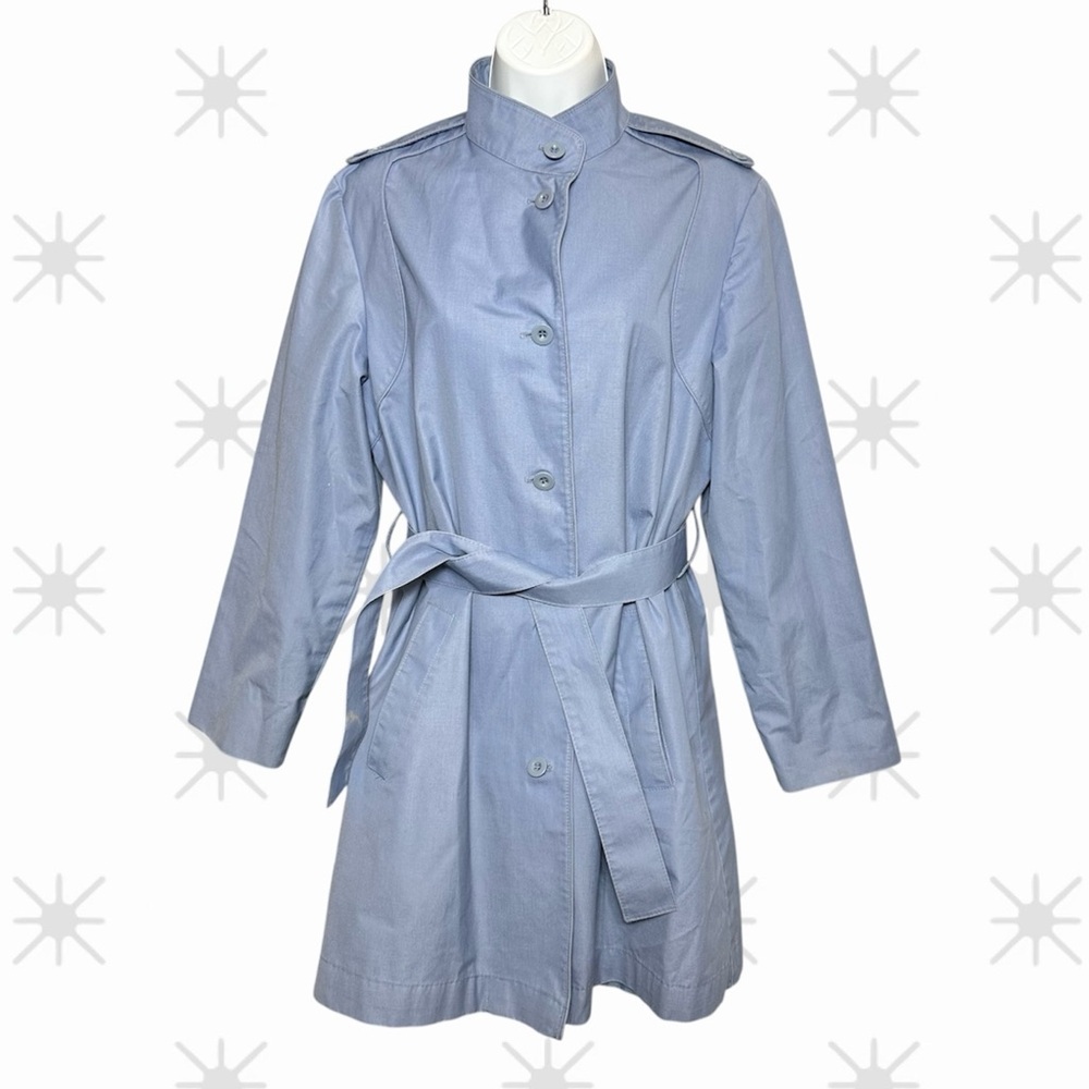 London Fog Light Blue Belted Trench Coat Classic Button Front Rain Jacket